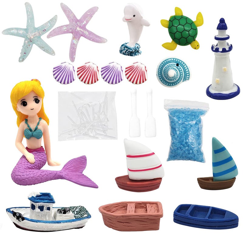 BLLREMIPSUR 21 Pieces Miniature Garden Accessories, Blue Sand and Miniature Mermaid Dolphin Boat Steamship Figurines Decorations, Micro Beach Ocean Seaside Scene DIY Decor Kit - Image 2
